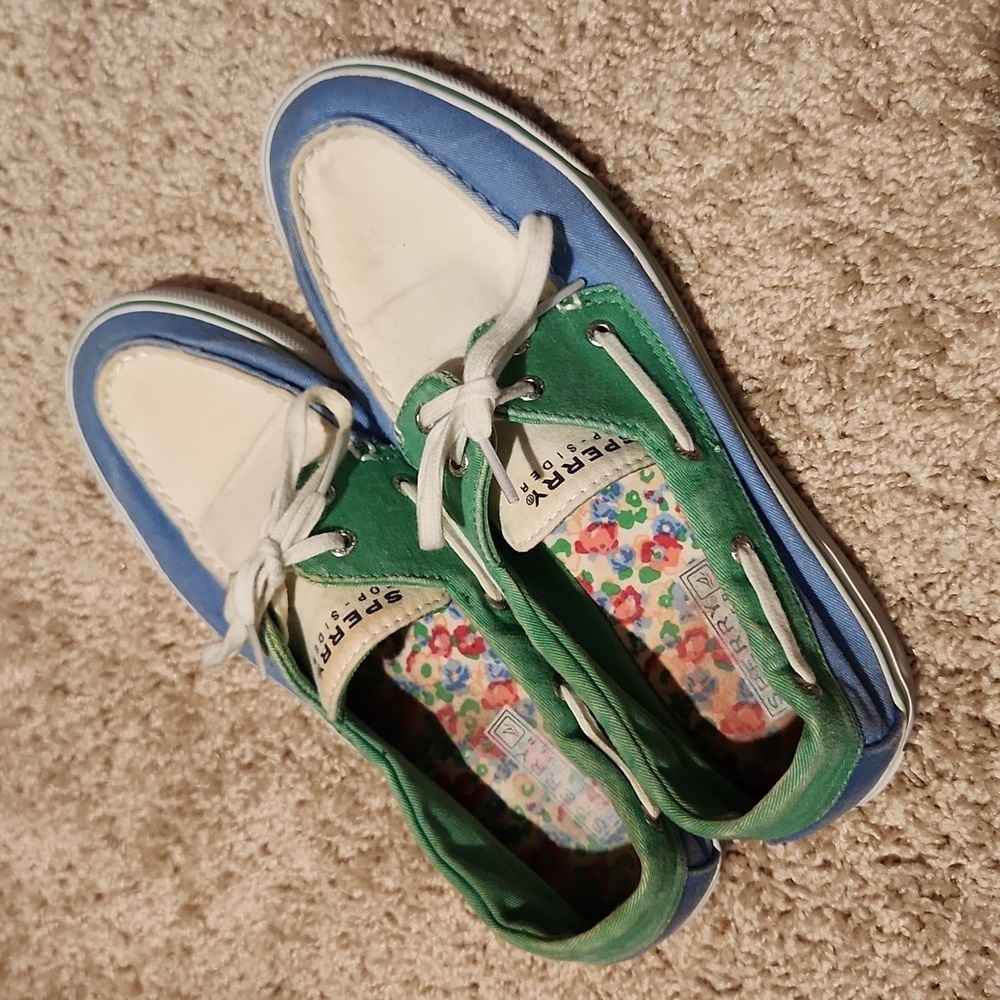 Sperry Women's Colorblock Canvas Green White Blue Boat Shoes 9.5 Beach Preppy